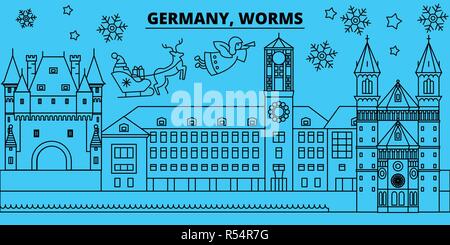 Deutschland, Worms Winterurlaub Skyline. Fröhliche Weihnachten, Frohes Neues Jahr eingerichteten Banner mit Santa Claus. Deutschland, Worms lineare Weihnachtsstadt Vektor flachbild Abbildung Stock Vektor