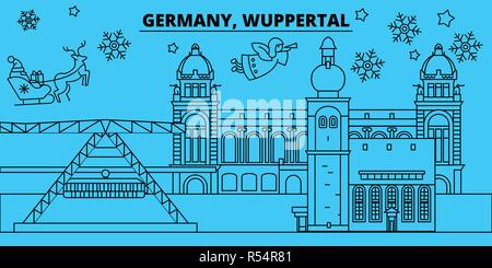 Deutschland, Wuppertal Winterurlaub Skyline. Fröhliche Weihnachten, Frohes Neues Jahr eingerichteten Banner mit Santa Claus. Deutschland, Wuppertal lineare Weihnachtsstadt Vektor flachbild Abbildung Stock Vektor