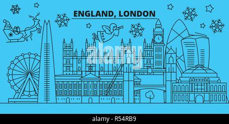 Großbritannien, London Stadt Winterurlaub Skyline. Fröhliche Weihnachten, Frohes Neues Jahr eingerichteten Banner mit Santa Claus. Großbritannien, London City lineare Weihnachtsstadt Vektor flachbild Abbildung Stock Vektor