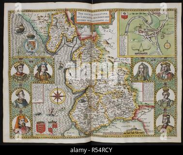 Die countie Pallatine von Lancaster beschrieben und gliedert sich in Hunderten 1610. Karte von Lancaster und der Umgebung. [Von männlichen und weiblichen Figuren tragen die Trachten der verschiedenen Klassen der Gesellschaft] umgeben. Die Dawn of England. Von Christopher Saxton, von John Geschwindigkeit augmented beschrieben... Jodocus Hondius Flander caelavit... 1610. England. Quelle: Karten C.7. C.20. (2), w.75. Sprache: Englisch. Stockfoto