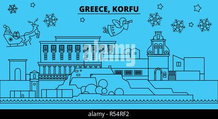 Griechenland, Korfu Winterurlaub Skyline. Fröhliche Weihnachten, Frohes Neues Jahr eingerichteten Banner mit Santa Claus. Griechenland, Korfu Stadt Vector Linear Weihnachten flach Abbildung Stock Vektor