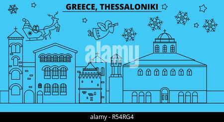 Griechenland, Thessaloniki Winterurlaub Skyline. Fröhliche Weihnachten, Frohes Neues Jahr eingerichteten Banner mit Santa Claus. Griechenland, Thessaloniki lineare Weihnachtsstadt Vektor flachbild Abbildung Stock Vektor