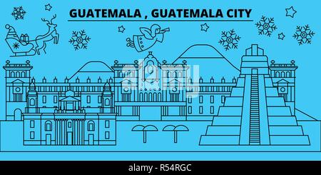 Guatemala City Winterurlaub Skyline. Fröhliche Weihnachten, Frohes Neues Jahr eingerichteten Banner mit Santa Claus. Guatemala City lineare Weihnachtsstadt Vektor flachbild Abbildung Stock Vektor