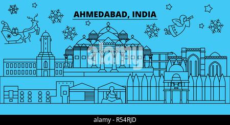 Indien, Ahmedabad Winterurlaub Skyline. Fröhliche Weihnachten, Frohes Neues Jahr eingerichteten Banner mit Santa Claus. Indien, Ahmedabad lineare Weihnachtsstadt Vektor flachbild Abbildung Stock Vektor