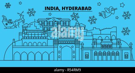 Indien, Hyderabad Winterurlaub Skyline. Fröhliche Weihnachten, Frohes Neues Jahr eingerichteten Banner mit Santa Claus. Indien, Hyderabad lineare Weihnachtsstadt Vektor flachbild Abbildung Stock Vektor