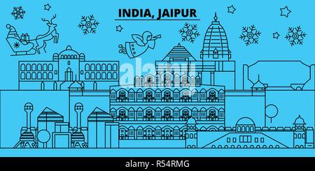 Indien, Jaipur Winterurlaub Skyline. Fröhliche Weihnachten, Frohes Neues Jahr eingerichteten Banner mit Santa Claus. Indien, Jaipur lineare Weihnachtsstadt Vektor flachbild Abbildung Stock Vektor