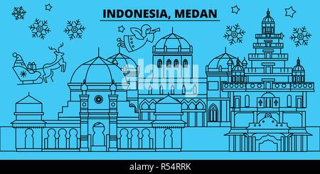 Indonesien, Medan Winterurlaub Skyline. Fröhliche Weihnachten, Frohes Neues Jahr eingerichteten Banner mit Santa Claus. Indonesien Medan lineare Weihnachtsstadt Vektor flachbild Abbildung Stock Vektor