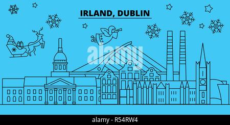 Irland, Dublin Winterurlaub Skyline. Fröhliche Weihnachten, Frohes Neues Jahr eingerichteten Banner mit Santa Claus. Irland, Dublin lineare Weihnachtsstadt Vektor flachbild Abbildung Stock Vektor