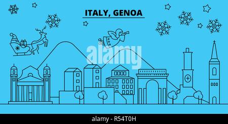 Italien, Genua Winterurlaub Skyline. Fröhliche Weihnachten, Frohes Neues Jahr eingerichteten Banner mit Santa Claus. Italien, Genua lineare Weihnachtsstadt Vektor flachbild Abbildung Stock Vektor