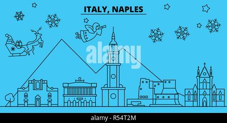 Italien, Neapel Winterurlaub Skyline. Fröhliche Weihnachten, Frohes Neues Jahr eingerichteten Banner mit Santa Claus. Italien, Neapel lineare Weihnachtsstadt Vektor flachbild Abbildung Stock Vektor