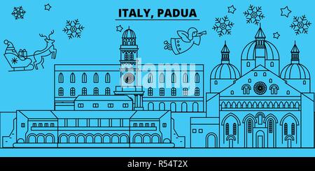 Italien, Padua Winterurlaub Skyline. Fröhliche Weihnachten, Frohes Neues Jahr eingerichteten Banner mit Santa Claus. Italien, Padua lineare Weihnachtsstadt Vektor flachbild Abbildung Stock Vektor