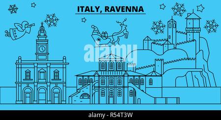 Italien, Ravenna Winterurlaub Skyline. Fröhliche Weihnachten, Frohes Neues Jahr eingerichteten Banner mit Santa Claus. Italien, Ravenna lineare Weihnachtsstadt Vektor flachbild Abbildung Stock Vektor