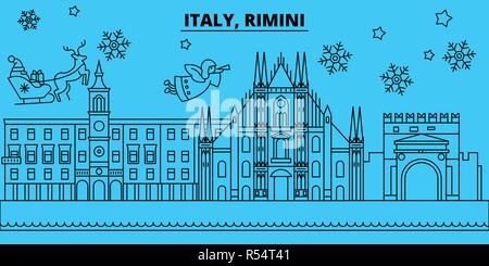 Italien, Rimini Winterurlaub Skyline. Fröhliche Weihnachten, Frohes Neues Jahr eingerichteten Banner mit Santa Claus. Italien, Rimini lineare Weihnachtsstadt Vektor flachbild Abbildung Stock Vektor