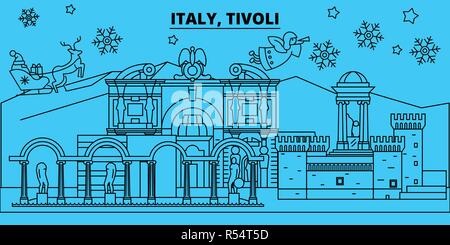 Italien, Tivoli Winterurlaub Skyline. Fröhliche Weihnachten, Frohes Neues Jahr eingerichteten Banner mit Santa Claus. Italien, Tivoli lineare Weihnachtsstadt Vektor flachbild Abbildung Stock Vektor