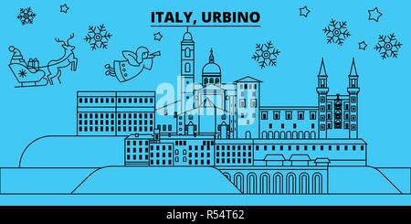 Italien, Urbino Winterurlaub Skyline. Fröhliche Weihnachten, Frohes Neues Jahr eingerichteten Banner mit Santa Claus. Italien, Urbino lineare Weihnachtsstadt Vektor flachbild Abbildung Stock Vektor