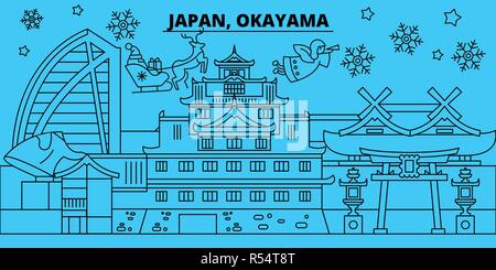 Japan, Okayama Winterurlaub Skyline. Fröhliche Weihnachten, Frohes Neues Jahr eingerichteten Banner mit Santa Claus. Japan, Okayama lineare Weihnachtsstadt Vektor flachbild Abbildung Stock Vektor