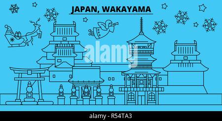 Japan, Wakayama Winterurlaub Skyline. Fröhliche Weihnachten, Frohes Neues Jahr eingerichteten Banner mit Santa Claus. Japan, Wakayama lineare Weihnachtsstadt Vektor flachbild Abbildung Stock Vektor