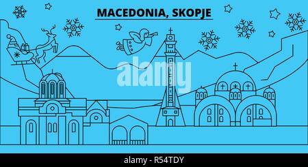 Mazedonien, Skopje Winterurlaub Skyline. Fröhliche Weihnachten, Frohes Neues Jahr eingerichteten Banner mit Santa Claus. Mazedonien, Skopje lineare Weihnachtsstadt Vektor flachbild Abbildung Stock Vektor