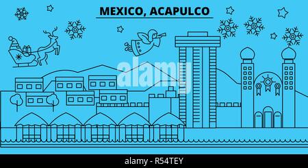 Mexiko, Acapulco Winterurlaub Skyline. Fröhliche Weihnachten, Frohes Neues Jahr eingerichteten Banner mit Santa Claus. Mexiko, Acapulco lineare Weihnachtsstadt Vektor flachbild Abbildung Stock Vektor