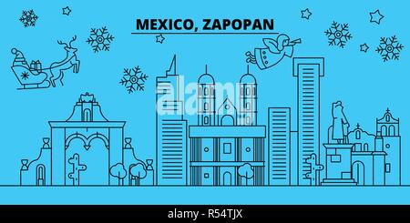 Mexiko, Zapopan Winterurlaub Skyline. Fröhliche Weihnachten, Frohes Neues Jahr eingerichteten Banner mit Santa Claus. Mexiko, Zapopan lineare Weihnachtsstadt Vektor flachbild Abbildung Stock Vektor