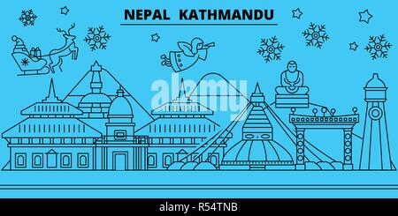 Nepal, Kathmandu Winterurlaub Skyline. Fröhliche Weihnachten, Frohes Neues Jahr eingerichteten Banner mit Santa Claus. Nepal, Kathmandu lineare Weihnachtsstadt Vektor flachbild Abbildung Stock Vektor