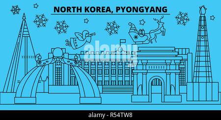 Nordkorea Pjöngjang Winterurlaub Skyline. Fröhliche Weihnachten, Frohes Neues Jahr eingerichteten Banner mit Santa Claus. Nordkorea Pjöngjang lineare Weihnachtsstadt Vektor flachbild Abbildung Stock Vektor