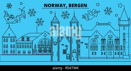 Norwegen, Bergen Winterurlaub Skyline. Fröhliche Weihnachten, Frohes Neues Jahr eingerichteten Banner mit Santa Claus. Norwegen, Bergen lineare Weihnachtsstadt Vektor flachbild Abbildung Stock Vektor