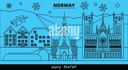 Norwegen Winterurlaub Skyline. Fröhliche Weihnachten, Frohes Neues Jahr eingerichteten Banner mit Santa Claus. Norwegen lineare Weihnachtsstadt Vektor flachbild Abbildung Stock Vektor