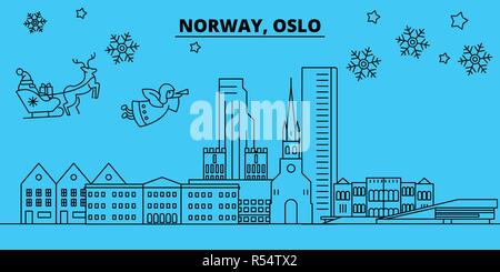 Norwegen, Oslo Winter Urlaub Skyline. Fröhliche Weihnachten, Frohes Neues Jahr eingerichteten Banner mit Santa Claus. Norwegen, Oslo lineare Weihnachtsstadt Vektor flachbild Abbildung Stock Vektor