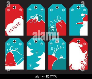 Weihnachten tags. Einfache trikolore Bilder. Festliche Weihnachten Design. Santa Silhouette. Stock Vektor