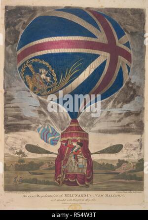 Herrn Minister Lunardi neue Ballon, aufsteigend im Jahr 1785. Vincenzo Lunardi in seinem Ballon, mit Paddeln. Eine Sammlung von breitseiten, Stecklinge von newspape. 1780?-1810?. Eine genaue Darstellung der neuen Herrn Minister Lunardi Ballon aufgestiegen, wie Sie mit sich selbst, 13. Mai 1785. Der Ballon wurde mit einem Union Jack, auf welche Weise er seinen Respekt und Liebe zu allem, was das Wort Britische steht für 'zum Ausdruck bringen wollte. Quelle: L.R.301.h.3, Seite 33. Sprache: Englisch. Stockfoto