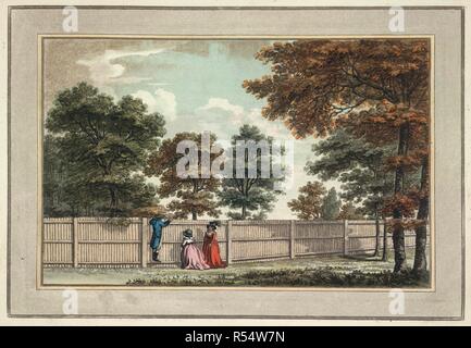 Gartenzaun. Skizzen und Hinweise auf Gartenbau, etc.. London, 1794. Drei Leute, die versuchen, in einen Garten zu sehen. Bild aus Skizzen und Hinweise auf Gartenbau, etc. Ursprünglich veröffentlicht in London, 1794 produziert. . Quelle: 61. e. 18, gegenüber dem 3. Sprache: Englisch. Stockfoto