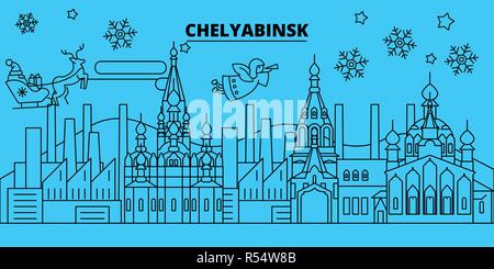 Russland, Tscheljabinsk Winterurlaub Skyline. Fröhliche Weihnachten, Frohes Neues Jahr eingerichteten Banner mit Santa Claus. Russland, Tscheljabinsk lineare Weihnachtsstadt Vektor flachbild Abbildung Stock Vektor