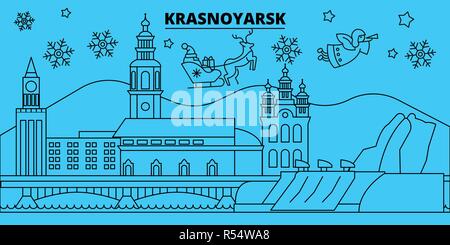 Russland, Krasnoyarsk Winterurlaub Skyline. Fröhliche Weihnachten, Frohes Neues Jahr eingerichteten Banner mit Santa Claus. Russland, Krasnoyarsk lineare Weihnachtsstadt Vektor flachbild Abbildung Stock Vektor