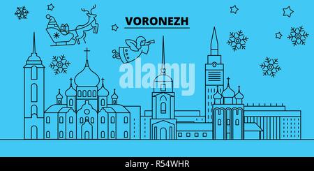 Russland, Woronesch Winterurlaub Skyline. Fröhliche Weihnachten, Frohes Neues Jahr eingerichteten Banner mit Santa Claus. Russland, Woronesch lineare Weihnachtsstadt Vektor flachbild Abbildung Stock Vektor