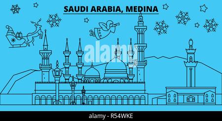 Saudi-arabien, Medina Winterurlaub Skyline. Fröhliche Weihnachten, Frohes Neues Jahr eingerichteten Banner mit Santa Claus. Saudi-Arabien, Medina lineare Weihnachtsstadt Vektor flachbild Abbildung Stock Vektor