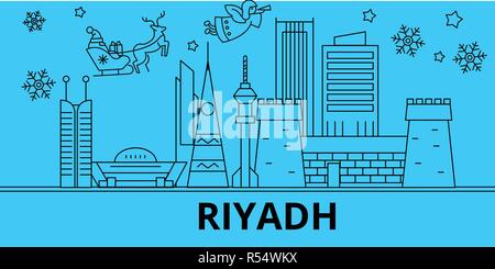 Saudi Arabien, Riyadh Winterurlaub Skyline. Fröhliche Weihnachten, Frohes Neues Jahr eingerichteten Banner mit Santa Claus. Saudi-Arabien, Riad lineare Weihnachtsstadt Vektor flachbild Abbildung Stock Vektor