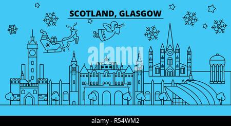 Schottland, Glasgow Winterurlaub Skyline. Fröhliche Weihnachten, Frohes Neues Jahr eingerichteten Banner mit Santa Claus. Schottland, Glasgow lineare Weihnachtsstadt Vektor flachbild Abbildung Stock Vektor