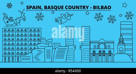 Spanien, Bilbao, Baskenland Winterurlaub Skyline. Frohe Weihnachten, ein glückliches neues Jahr mit Santa Claus. Spanien, Bilbao, Baskenland lineare Weihnachtsstadt Vektor flachbild Abbildung Stock Vektor