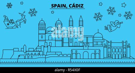 Spanien, Cadiz Winterurlaub Skyline. Fröhliche Weihnachten, Frohes Neues Jahr eingerichteten Banner mit Santa Claus. Spanien, Cadiz lineare Weihnachtsstadt Vektor flachbild Abbildung Stock Vektor