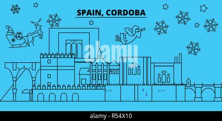 Spanien, Cordoba Winterurlaub Skyline. Fröhliche Weihnachten, Frohes Neues Jahr eingerichteten Banner mit Santa Claus. Spanien, Cordoba lineare Weihnachtsstadt Vektor flachbild Abbildung Stock Vektor