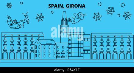 Spanien, Girona Winterurlaub Skyline. Fröhliche Weihnachten, Frohes Neues Jahr eingerichteten Banner mit Santa Claus. Spanien, Girona lineare Weihnachtsstadt Vektor flachbild Abbildung Stock Vektor