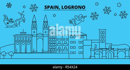 Spanien, Logrono Winterurlaub Skyline. Fröhliche Weihnachten, Frohes Neues Jahr eingerichteten Banner mit Santa Claus. Spanien, Logrono lineare Weihnachtsstadt Vektor flachbild Abbildung Stock Vektor