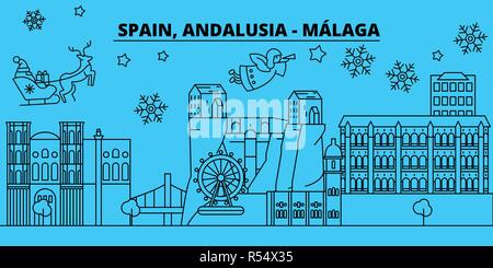 Spanien, Malaga, Andalusien Winterurlaub Skyline. Fröhliche Weihnachten, Frohes Neues Jahr eingerichteten Banner mit Santa Claus. Flach, umriss Vektor. Spanien, Malaga, Andalusien lineare Weihnachten Stadt Abbildung Stock Vektor