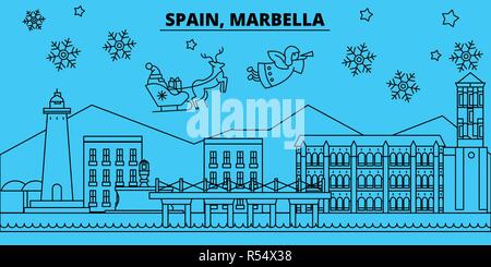 Spanien, Marbella Winterurlaub Skyline. Fröhliche Weihnachten, Frohes Neues Jahr eingerichteten Banner mit Santa Claus. Spanien, Marbella lineare Weihnachtsstadt Vektor flachbild Abbildung Stock Vektor