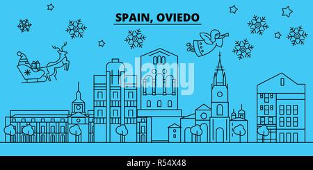 Spanien, Oviedo Winterurlaub Skyline. Fröhliche Weihnachten, Frohes Neues Jahr eingerichteten Banner mit Santa Claus. Spanien, Oviedo lineare Weihnachtsstadt Vektor flachbild Abbildung Stock Vektor