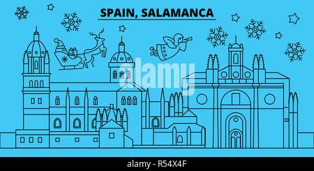 Spanien, Mallorca Winterurlaub Skyline. Fröhliche Weihnachten, Frohes Neues Jahr eingerichteten Banner mit Santa Claus. Spanien, Salamanca lineare Weihnachtsstadt Vektor flachbild Abbildung Stock Vektor