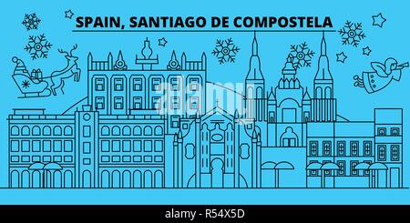 Spanien, Santiago de Compostela Winterurlaub Skyline. Frohe Weihnachten, ein glückliches neues Jahr mit Santa Claus. Spanien, Santiago de Compostela lineare Weihnachtsstadt Vektor flachbild Abbildung Stock Vektor