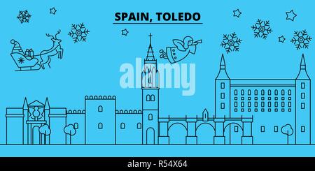 Spanien, Toledo Winterurlaub Skyline. Fröhliche Weihnachten, Frohes Neues Jahr eingerichteten Banner mit Santa Claus. Spanien, Toledo lineare Weihnachtsstadt Vektor flachbild Abbildung Stock Vektor