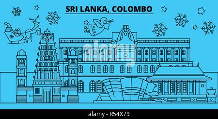 Sri Lanka, Colombo Winterurlaub Skyline. Fröhliche Weihnachten, Frohes Neues Jahr eingerichteten Banner mit Santa Claus. Sri Lanka, Colombo lineare Weihnachtsstadt Vektor flachbild Abbildung Stock Vektor